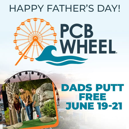 A father playing mini golf at PCB Wheel with the PCB Wheel logo