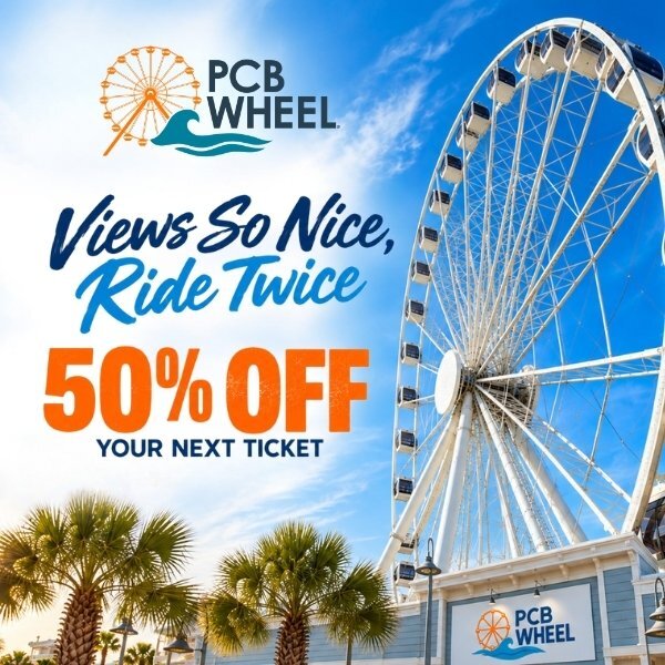 A blue sky background and the PCB wheel in the foreground. Text reads: Views so nice, ride twice! 50% off your next ticket