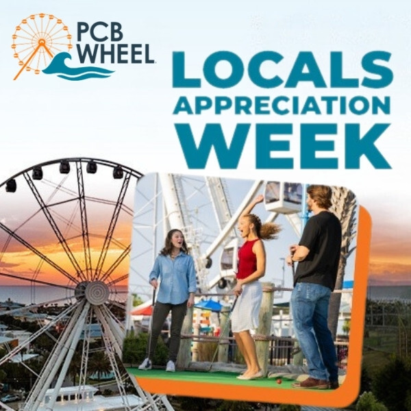 The PCB Wheel and people enjoying mini-golf. Text says Locals Appreciation Week.